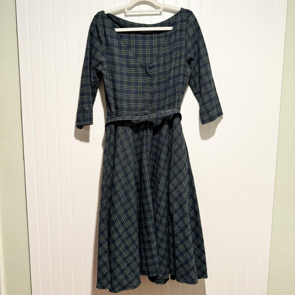 Unique Vintage Blue Green Plaid 50s Dress Fit Flare Belted Boat Neck Size 10 - Picture 6 of 8